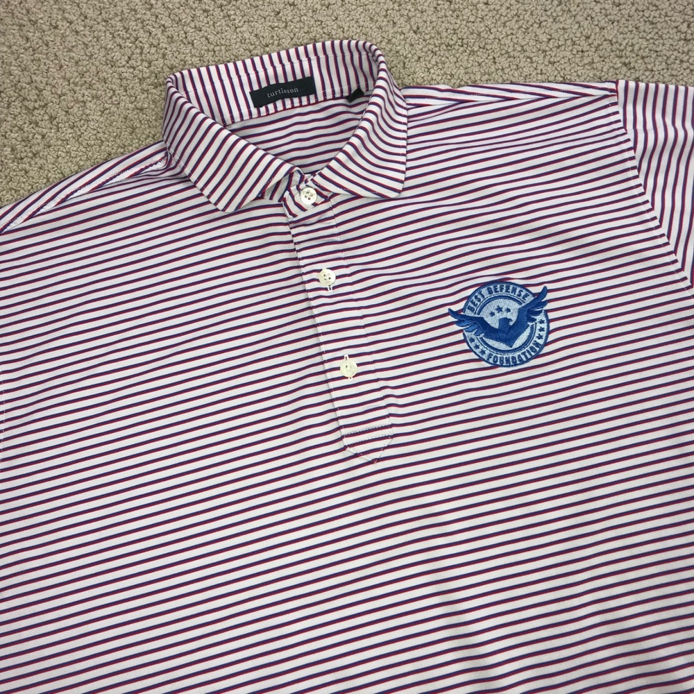 Turtleson Mens Large Polo Shirt Red Blue Striped Best Defense Foundation Golf